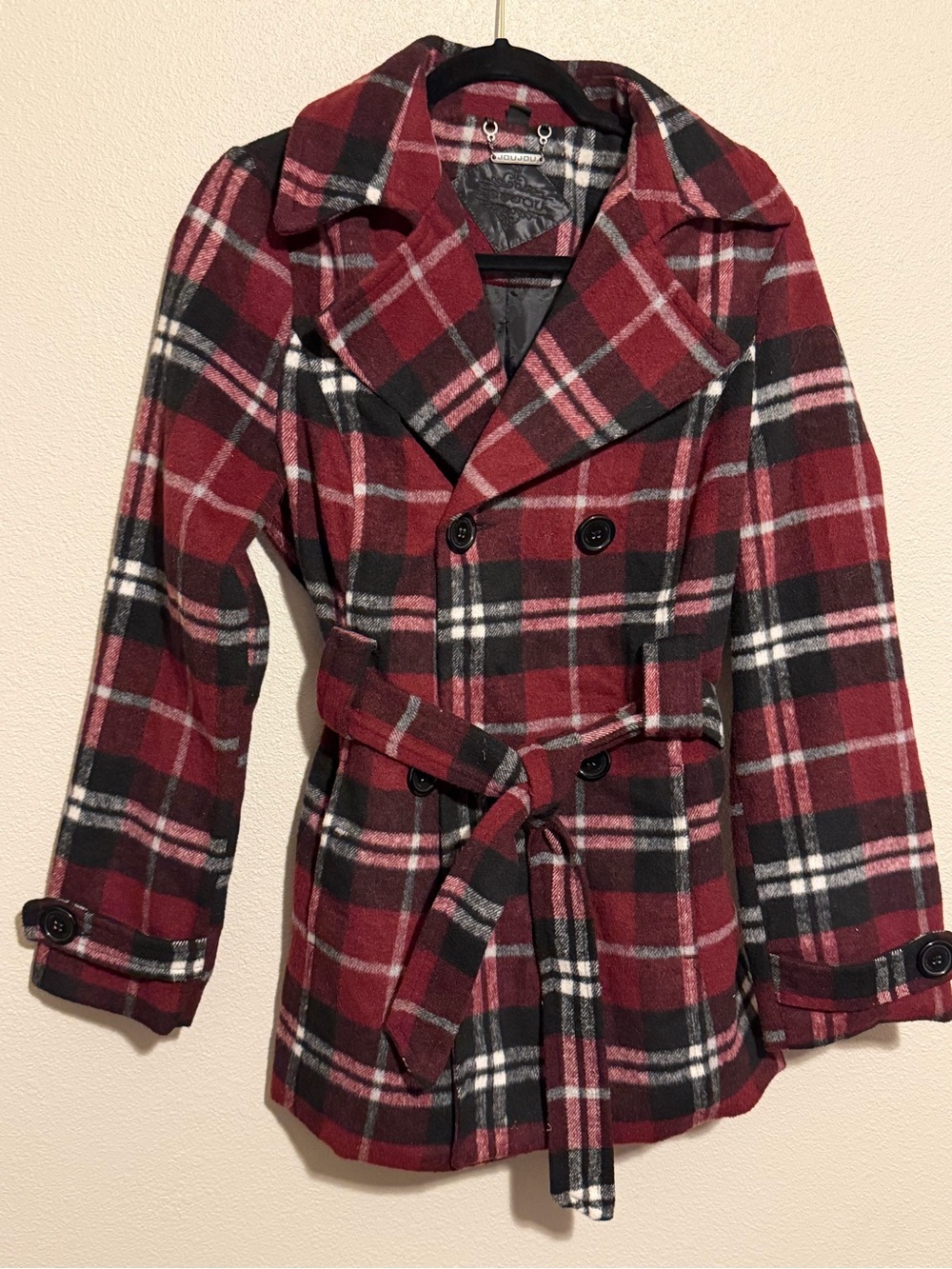 Jou Jou Red, Maroon and Black Plaid Double-Breasted Belted Peacoat Medium
